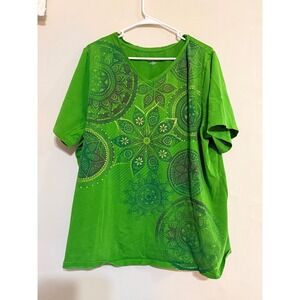 Liz & Me for Catherines Womens Green Mandala Print V Neck T Shirt Plus Size 2X